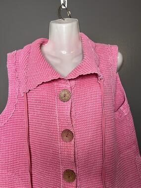 Focus Vest Womens Large Pink Cotton Knit Button Front Pockets Ruffle Collared